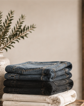 Folded denim and trousers in The Clothing Loft warm modern boutique style