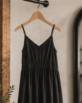 Black dress in The Clothing Loft warm modern boutique style