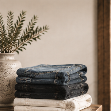 Folded denim and trousers in The Clothing Loft warm modern boutique style