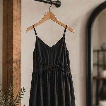 Black dress in The Clothing Loft warm modern boutique style